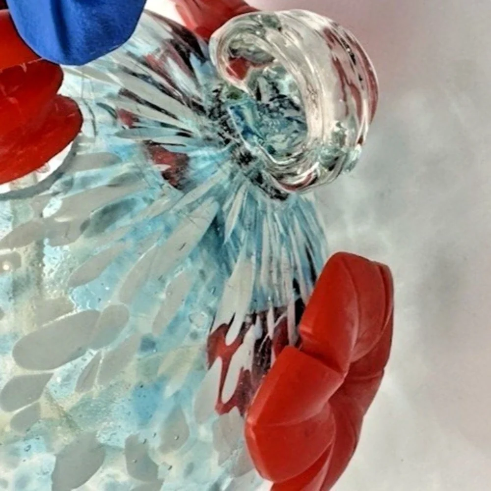 Hummingbird Feeder Hand Blown Glass Blue White Confetti Red Flower Ports Hanging